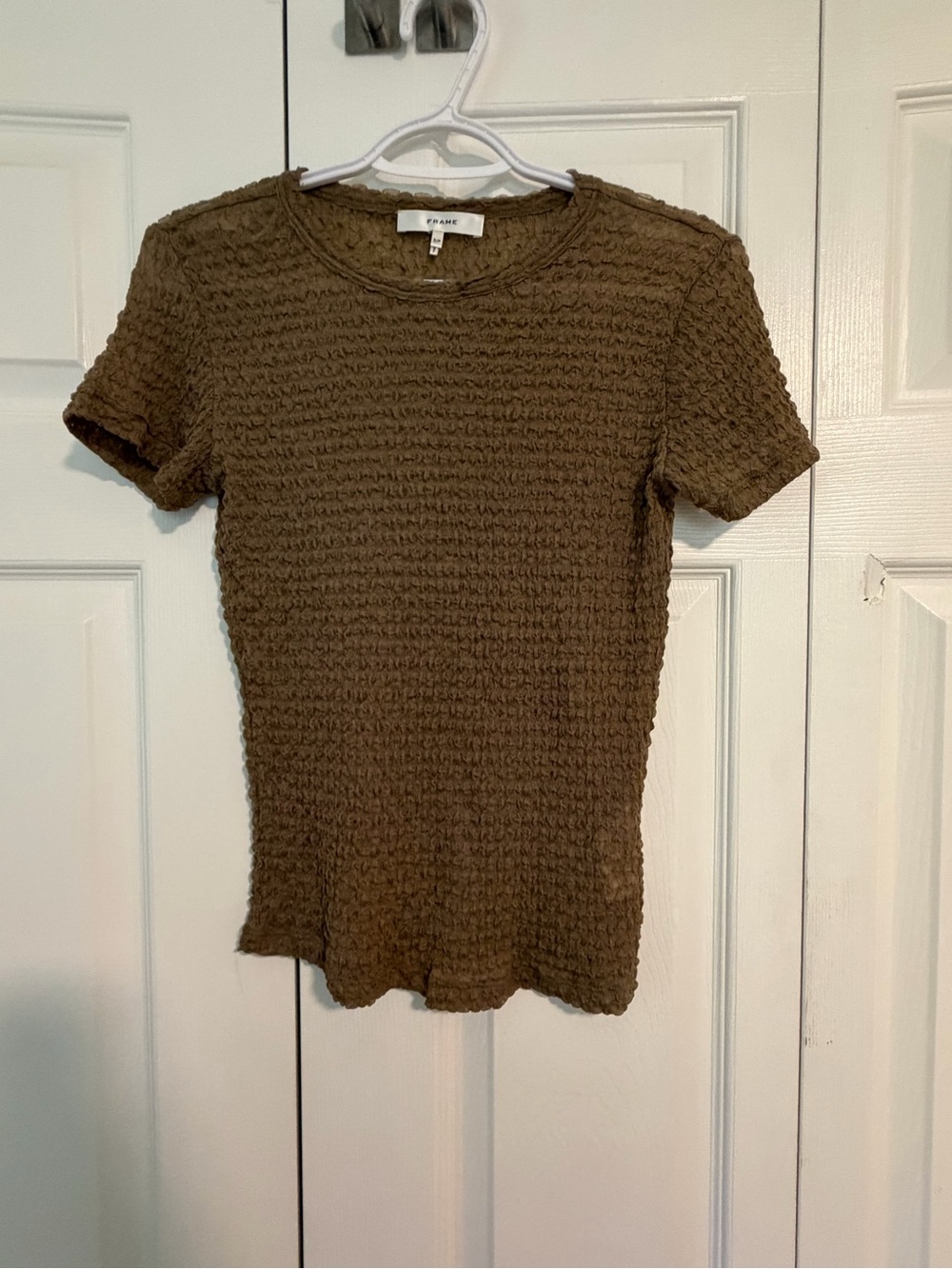FRAME Textured Short Sleeve Top Taupe Brown Size Small